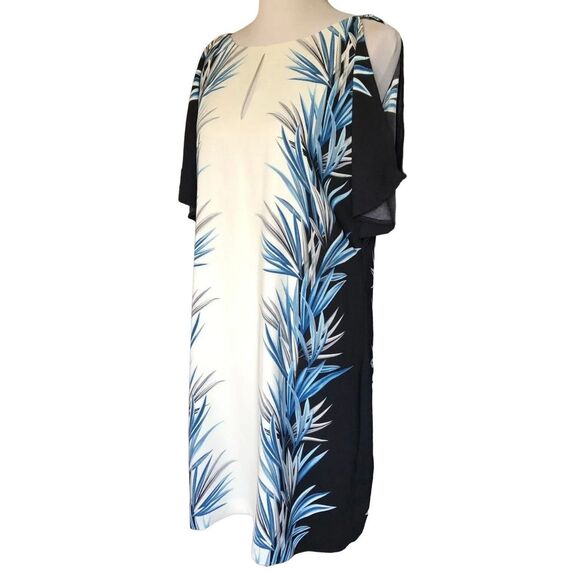 Womens White House Black Market palm print shift cold shoulder dress - Size 8 - Picture 2 of 15